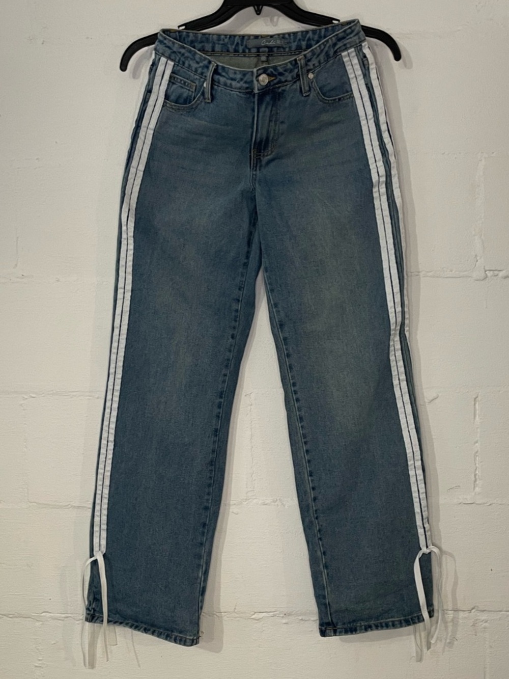 Dark Blue Straight-Leg Jeans with White Side Stripes
